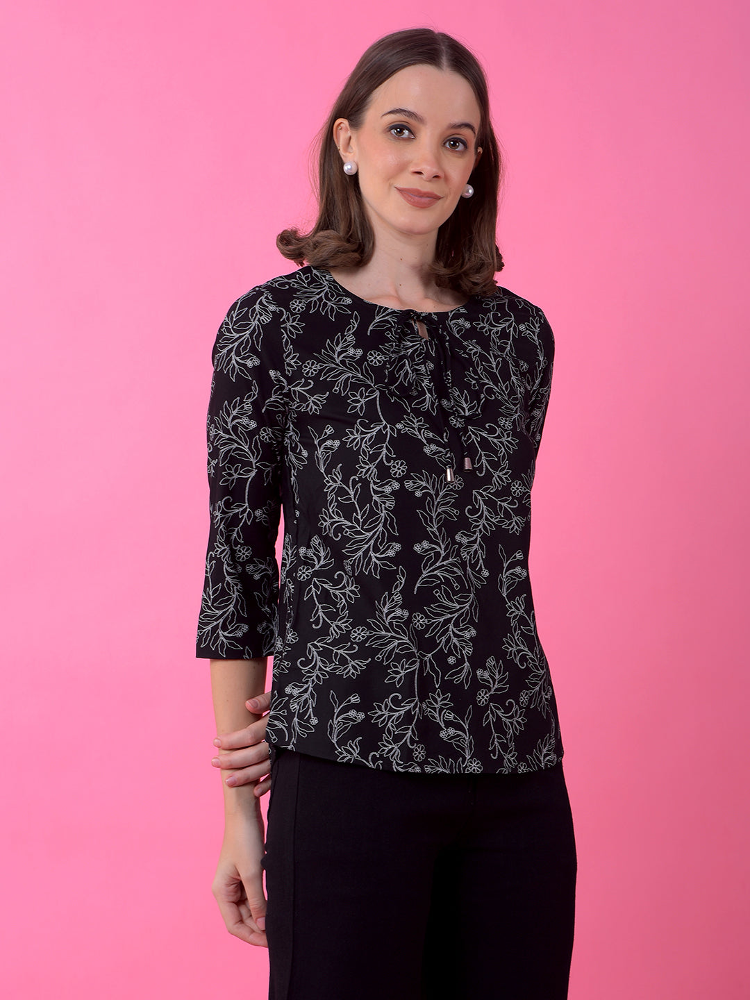 Black Floral Print Tie-Up Top