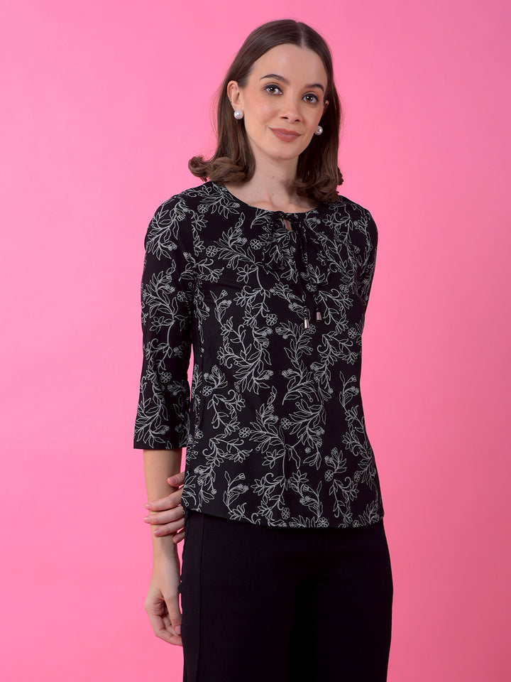 Black Floral Print Tie-Up Top