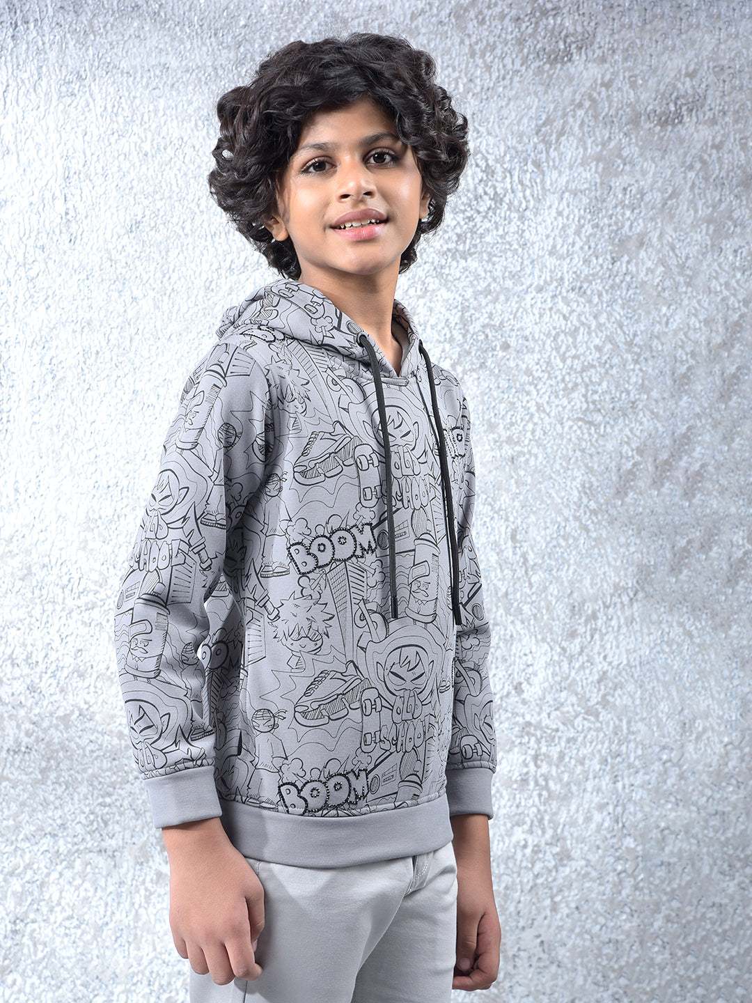 Grey Graphic Print Hooded Neck Sweatshirt