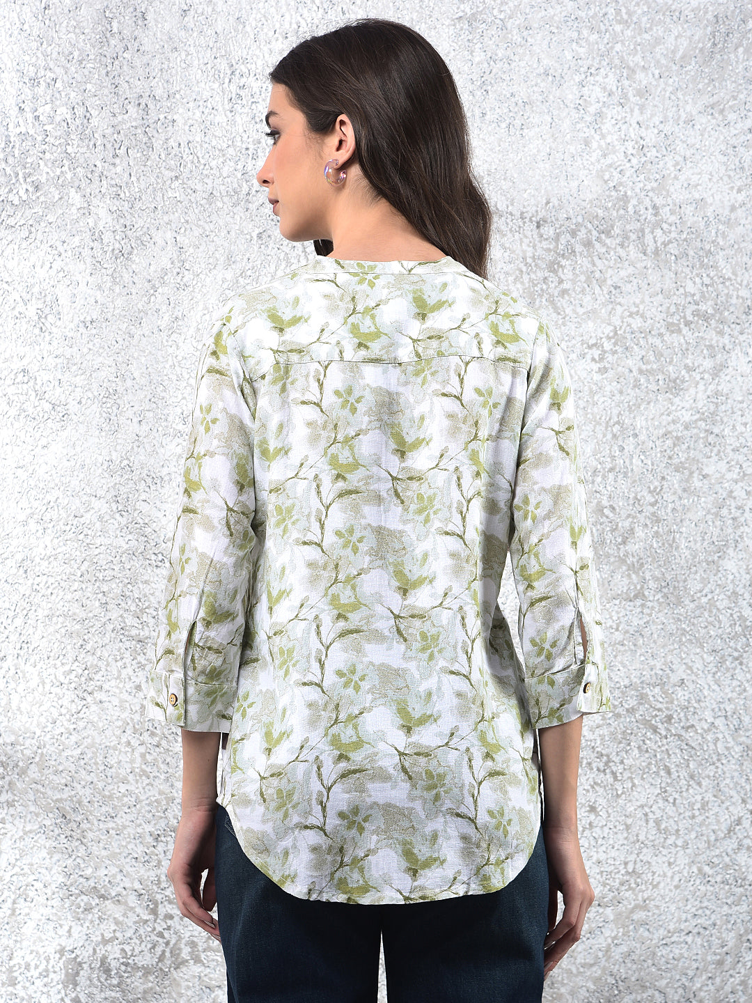 Green Floral Print V-Neck Linen Top