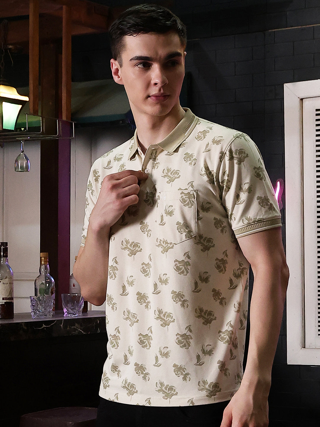 Beige Floral Print Polo Neck T-Shirt