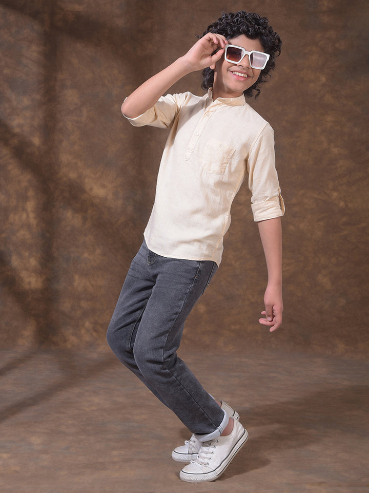 Cream Textured Linen Kurta