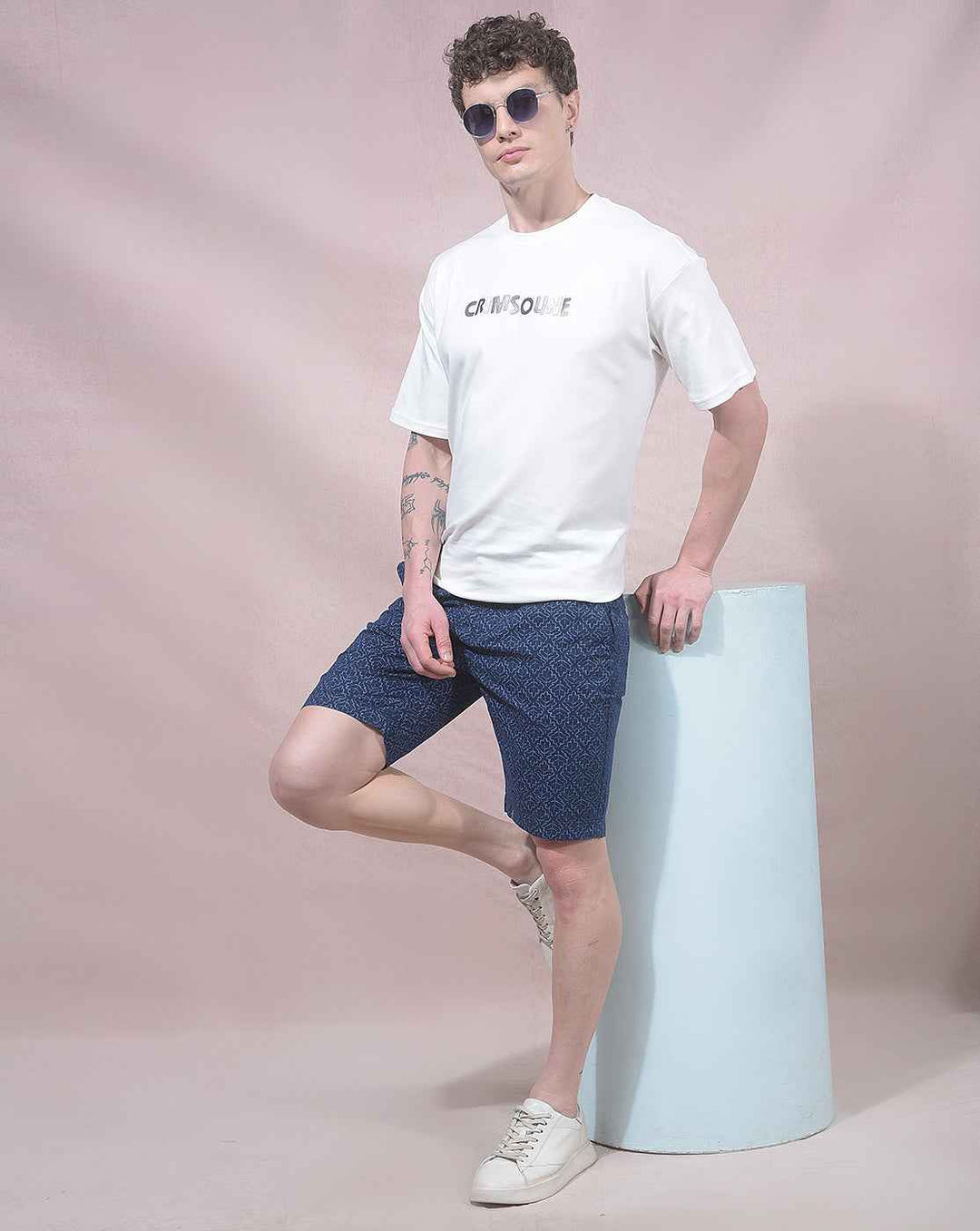 Navy Blue Geometric Print 100% Cotton Shorts