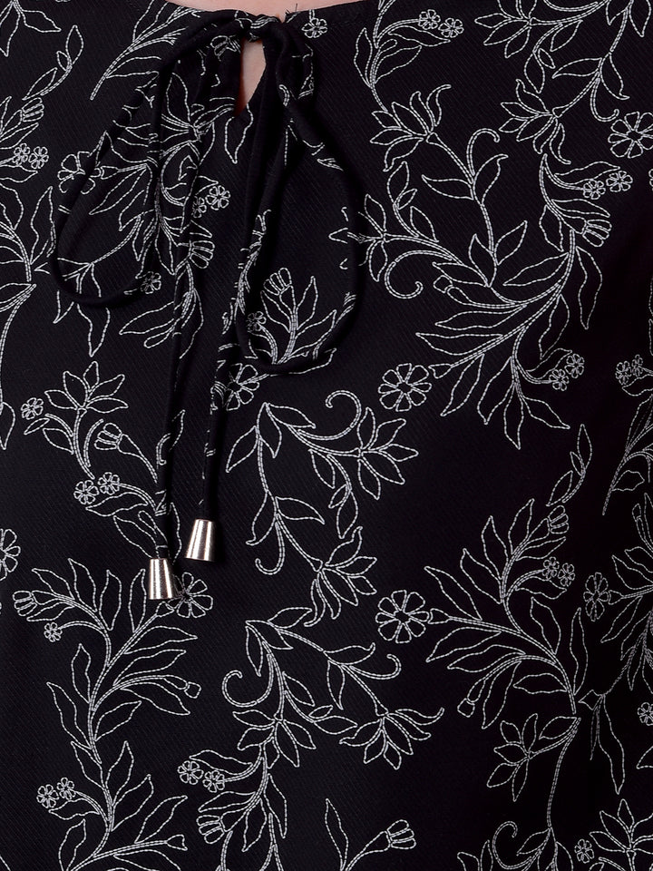 Black Floral Print Tie-Up Top