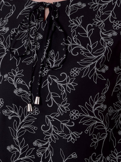Black Floral Print Tie-Up Top