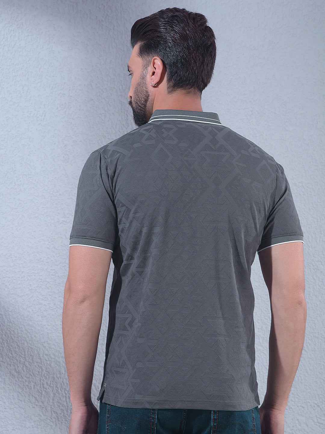 Grey Jacquard Polo Neck T-Shirt