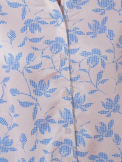 Blue Floral Print V-Neck Shirt