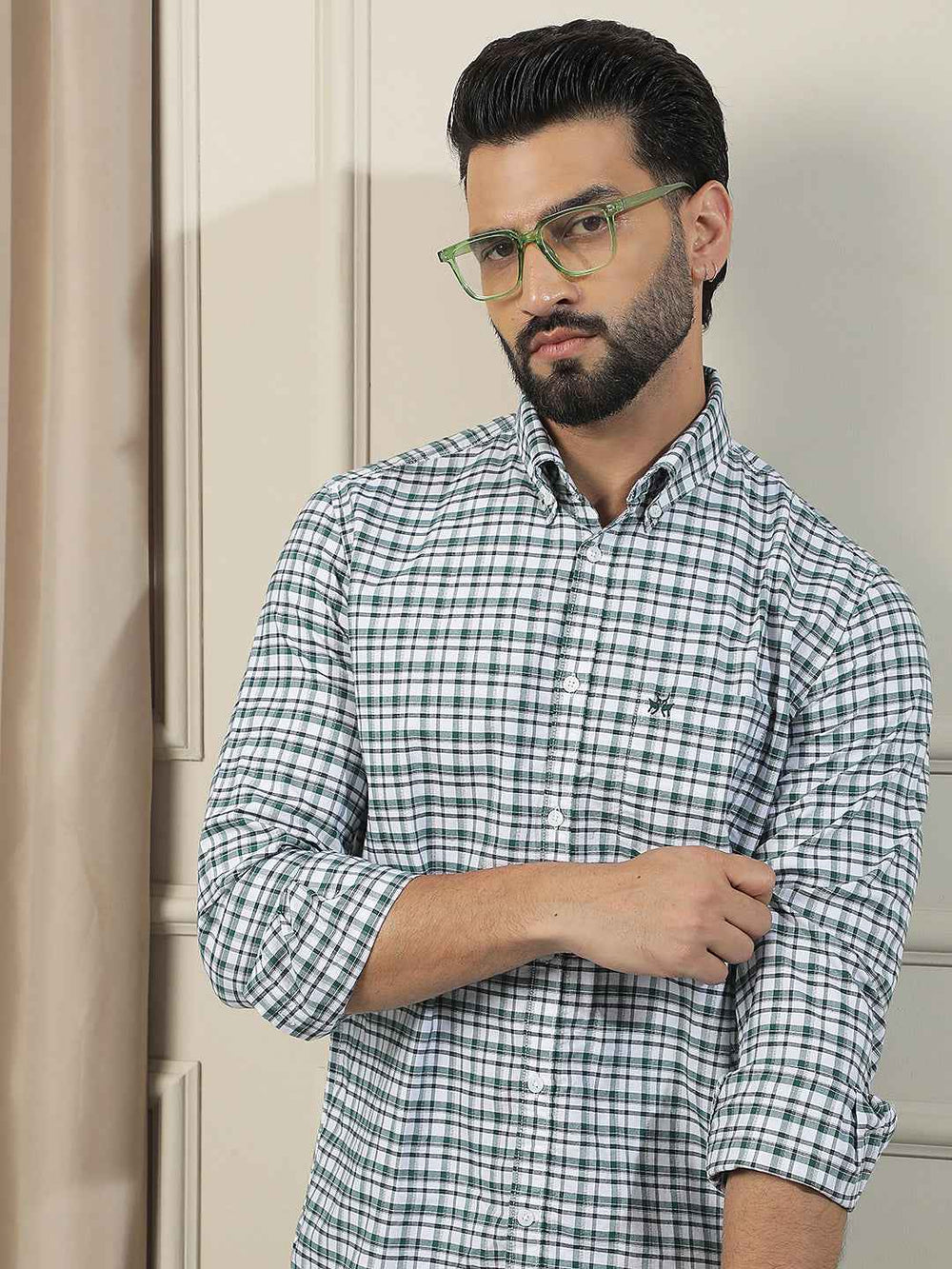 100% Cotton Green Checked Button Down Collar Shirt