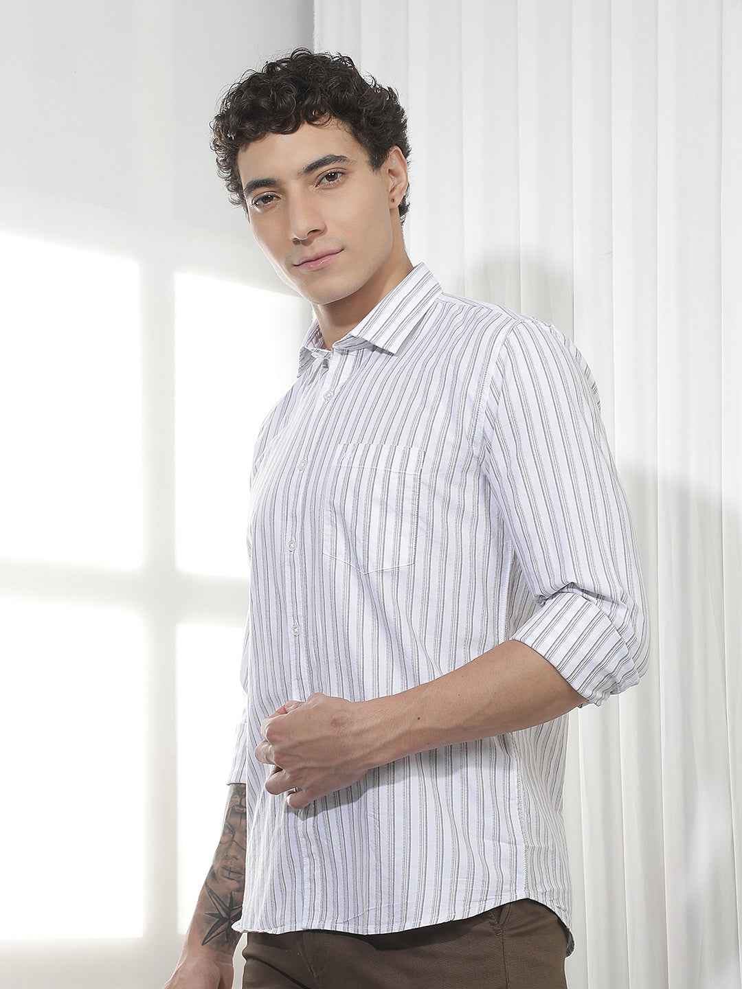 Green Vertical Striped 100% Cotton Shirt