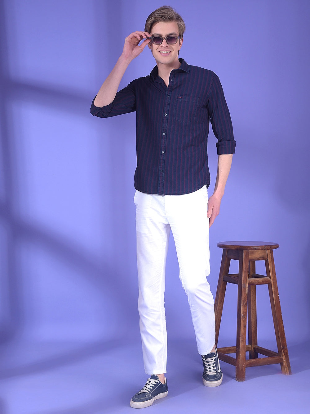 Navy Blue Vertical Stripes 100% Cotton Shirt