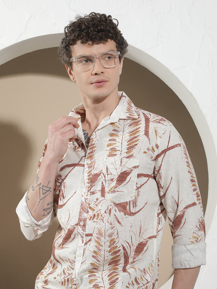 Red Botanical Print Linen Shirt