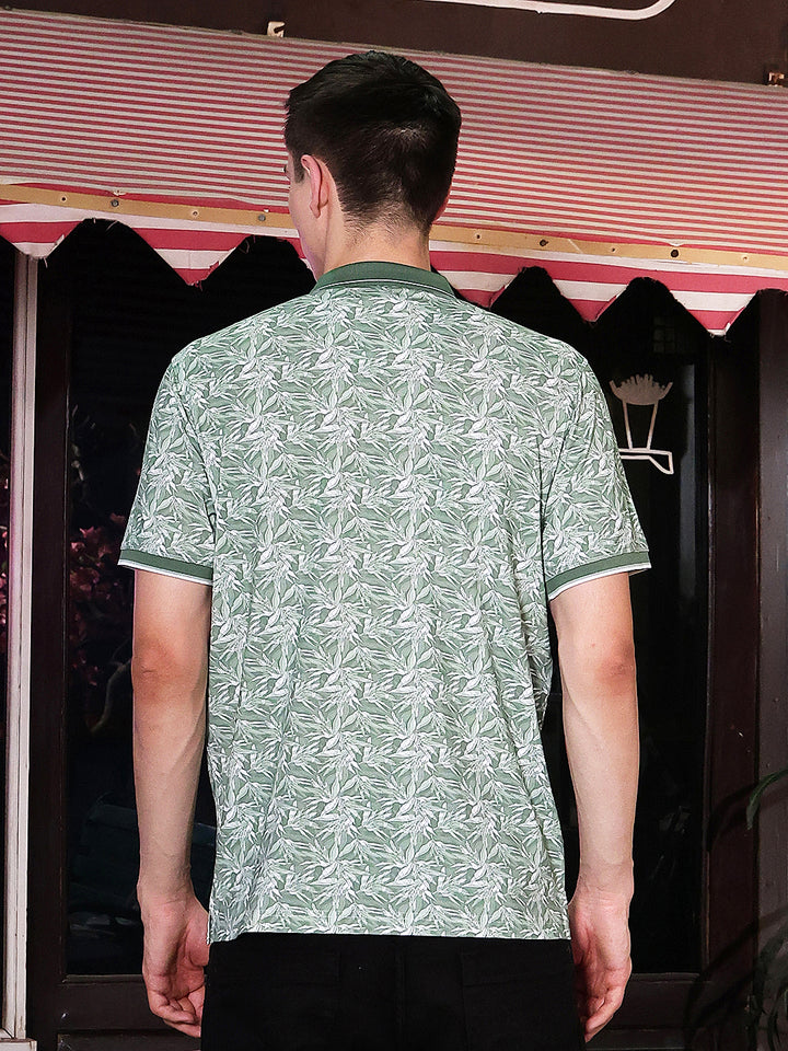 Green Botanical Print Polo Neck T-Shirt