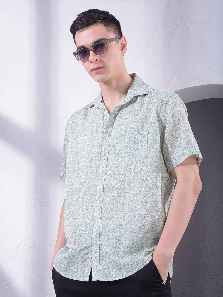 Green Floral Print Linen Shirt