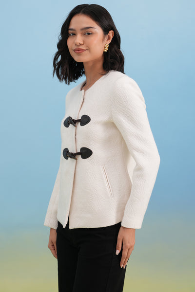 White Textured Toggle Detail Coat