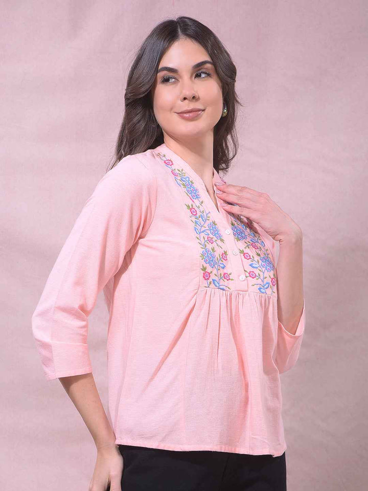 Pink Floral Embroidered V-Neck Top