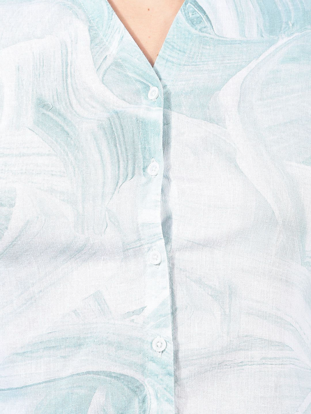 Green Abstract Print V-Neck Linen Shirt