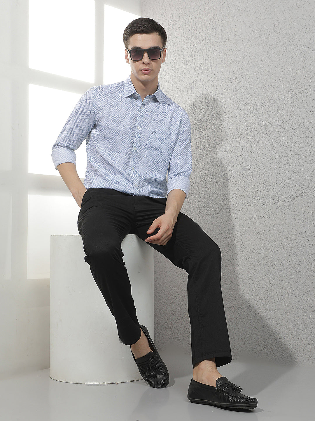 Black Textured Straight Trousers