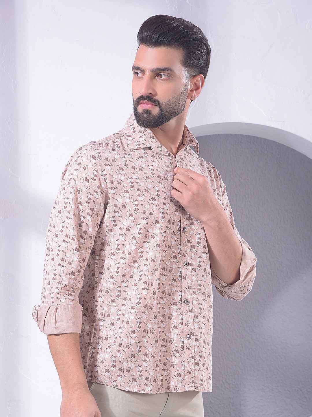 Peach Floral Print Linen Shirt