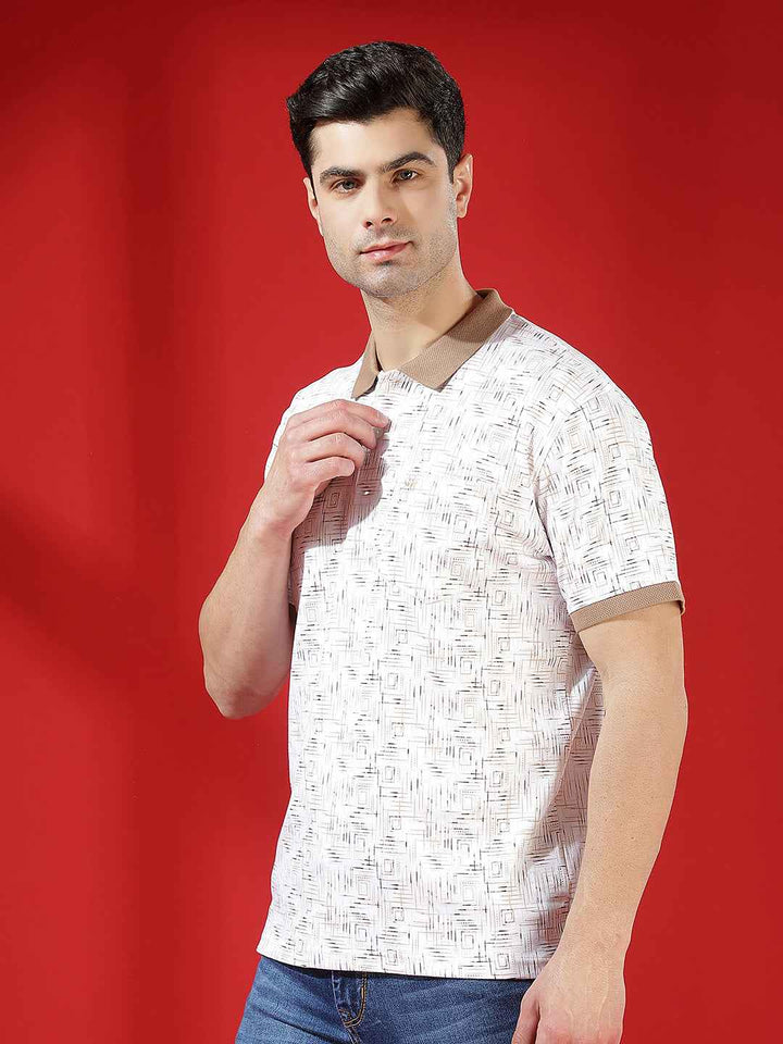 Brown Printed Polo Neck 100% Cotton T-Shirt