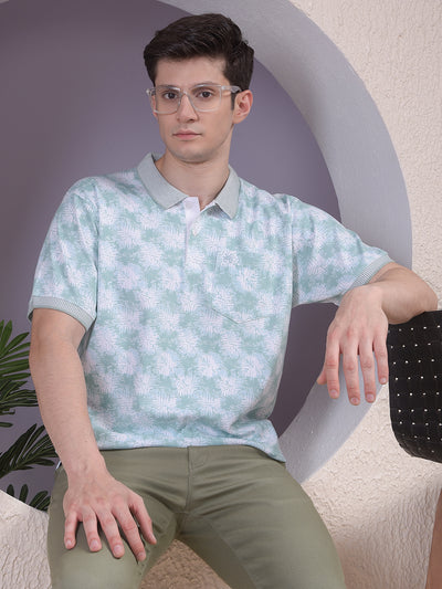 Green Printed Polo Neck 100% Cotton T-Shirt
