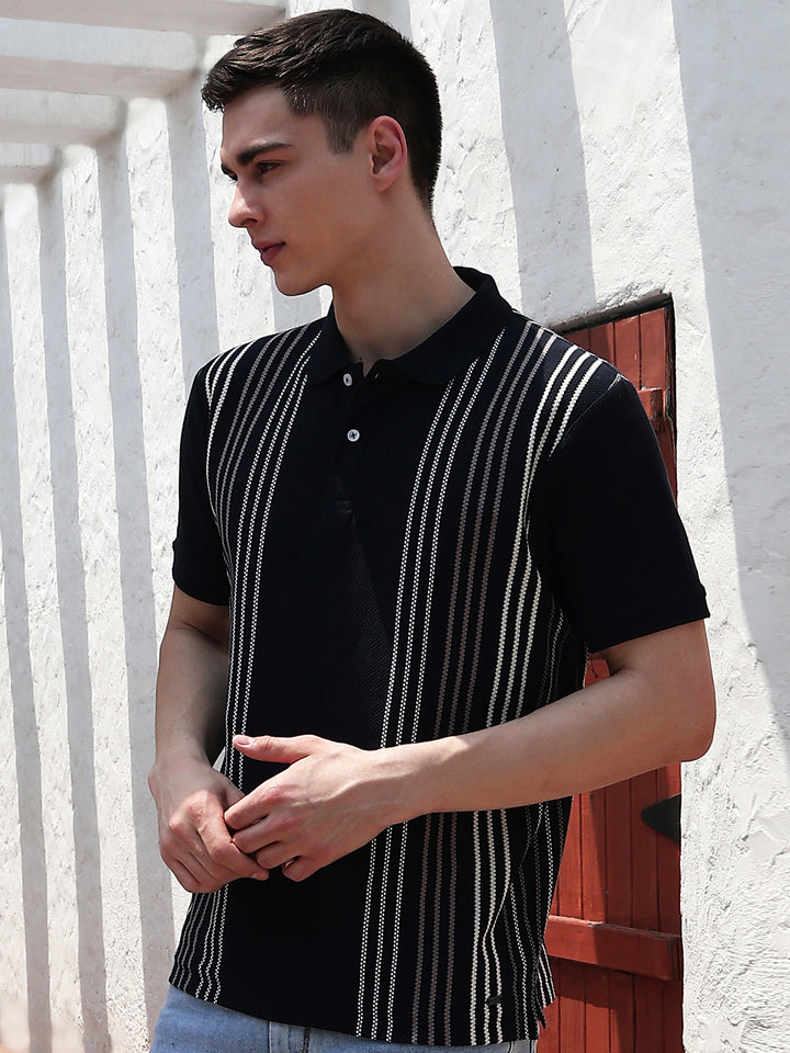 Navy Blue Vertical Striped Polo Neck T-Shirt
