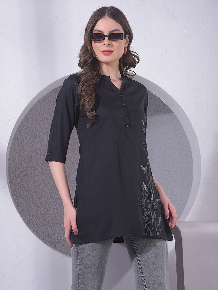 Black Embroidered Mid-Thigh Length V-Neck Top