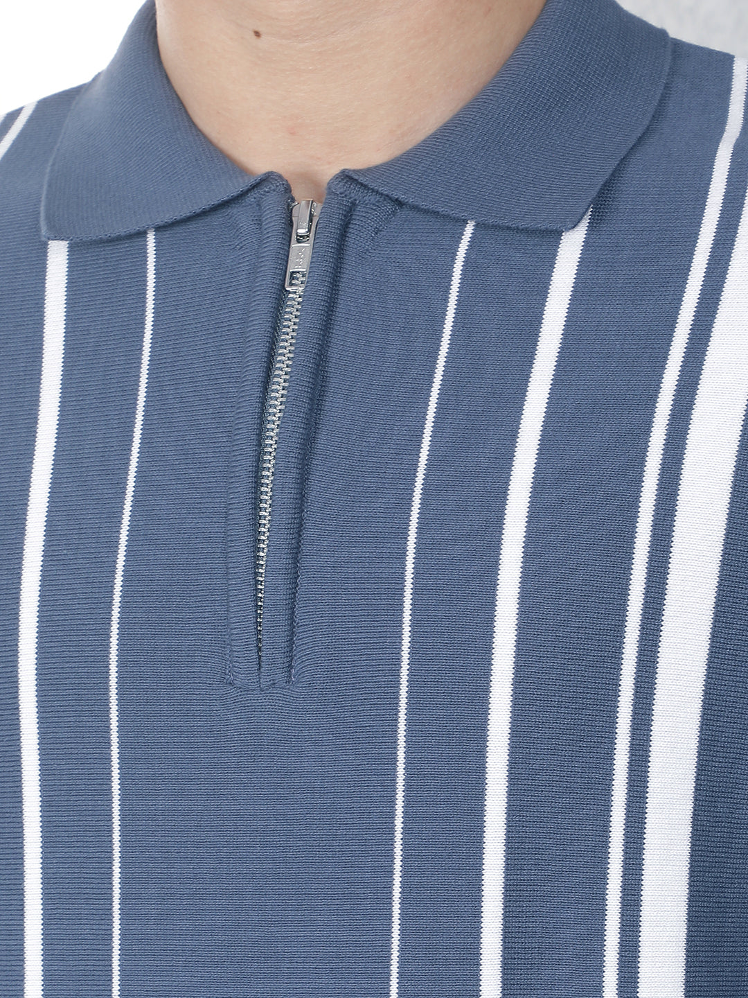 Blue Vertical Striped Polo Neck 100% cotton Sweater