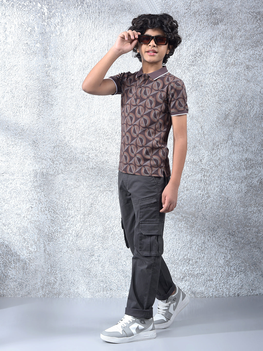 Brown Printed Polo Neck T-Shirt