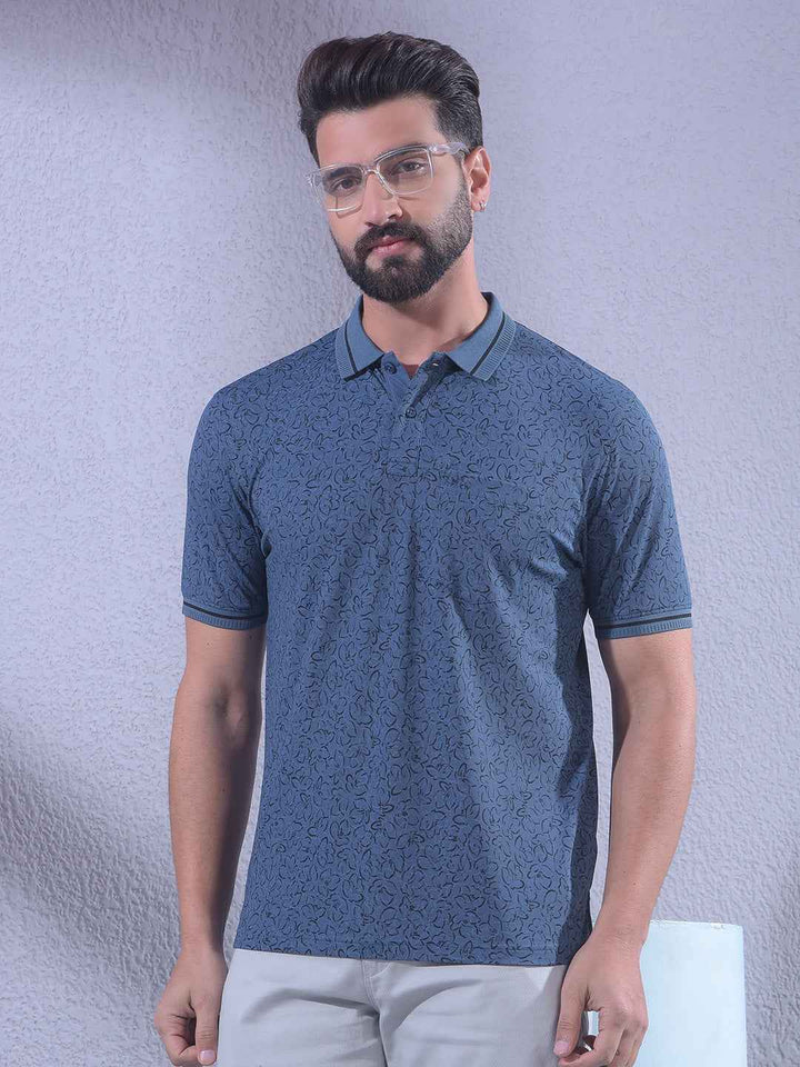 Navy Blue Floral Print Polo Neck T-Shirt
