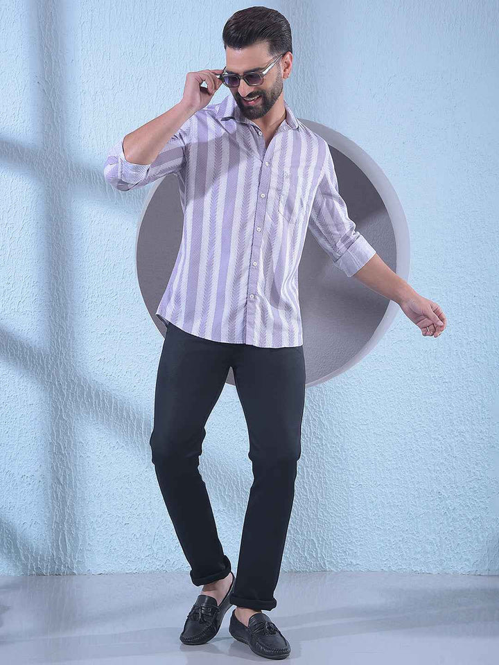 Purple 100% Cotton Vertical Stripes Shirt