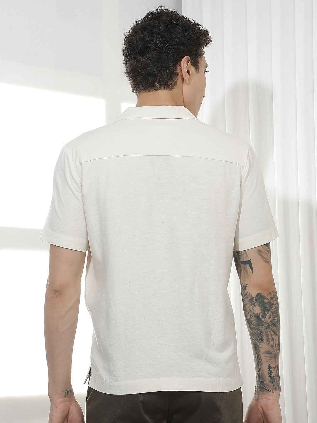 Beige Floral Cuban Collar Linen Shirt