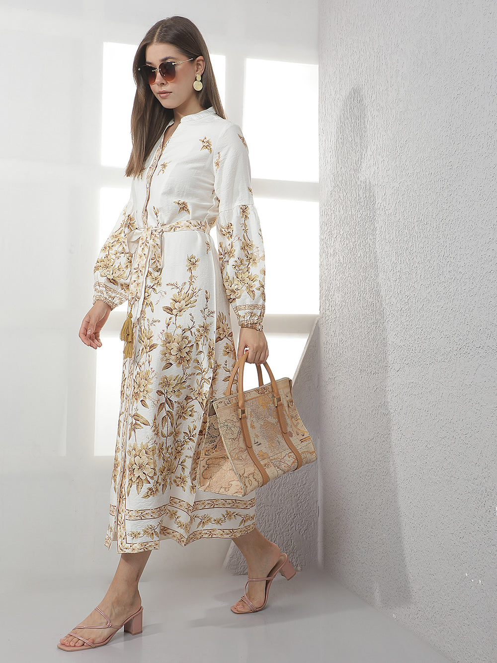 Cream Floral Print Midi Shirt Dress With Belt