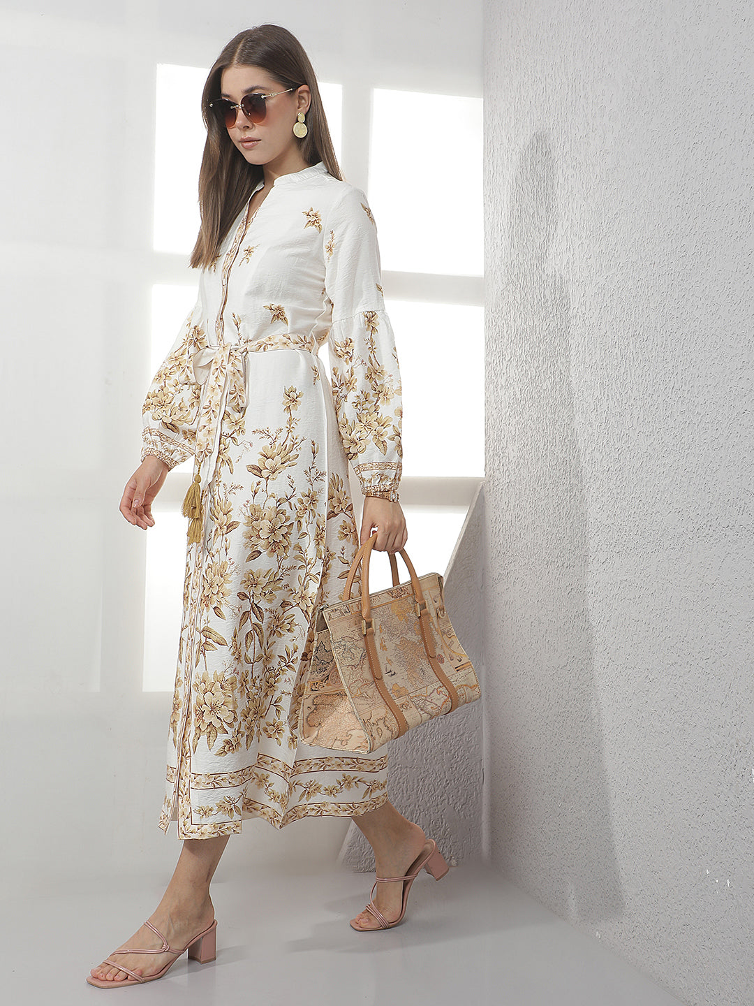 Cream Floral Print Midi Shirt Dress With Belt
