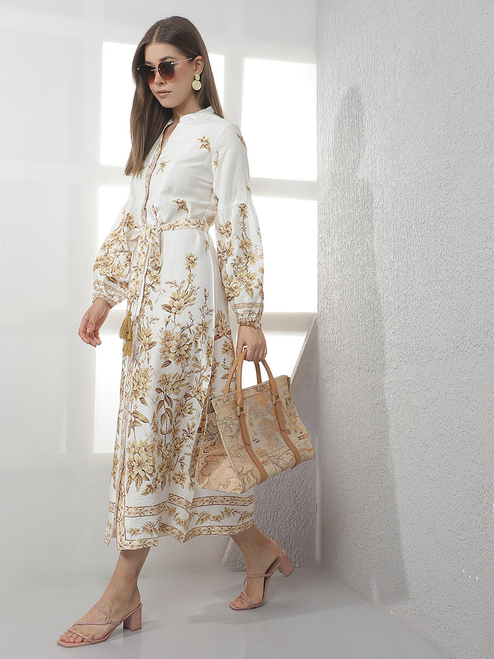 Cream Floral Print Midi Shirt Dress With Belt
