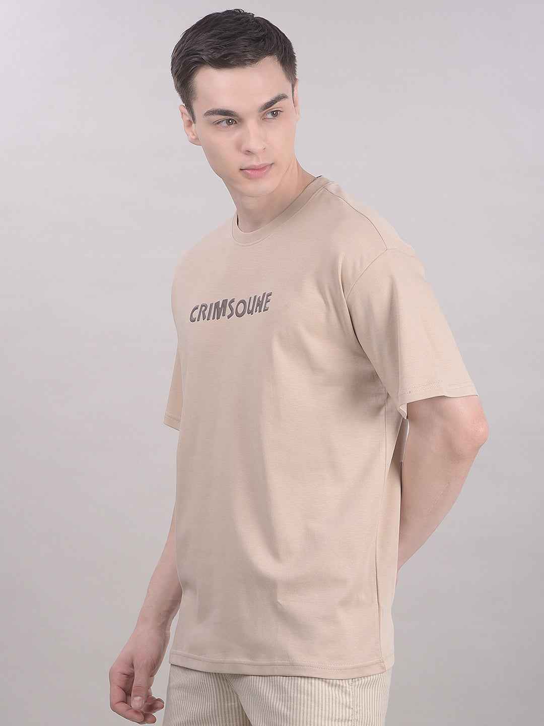Beige Typographic 100% Cotton Oversize T-Shirt