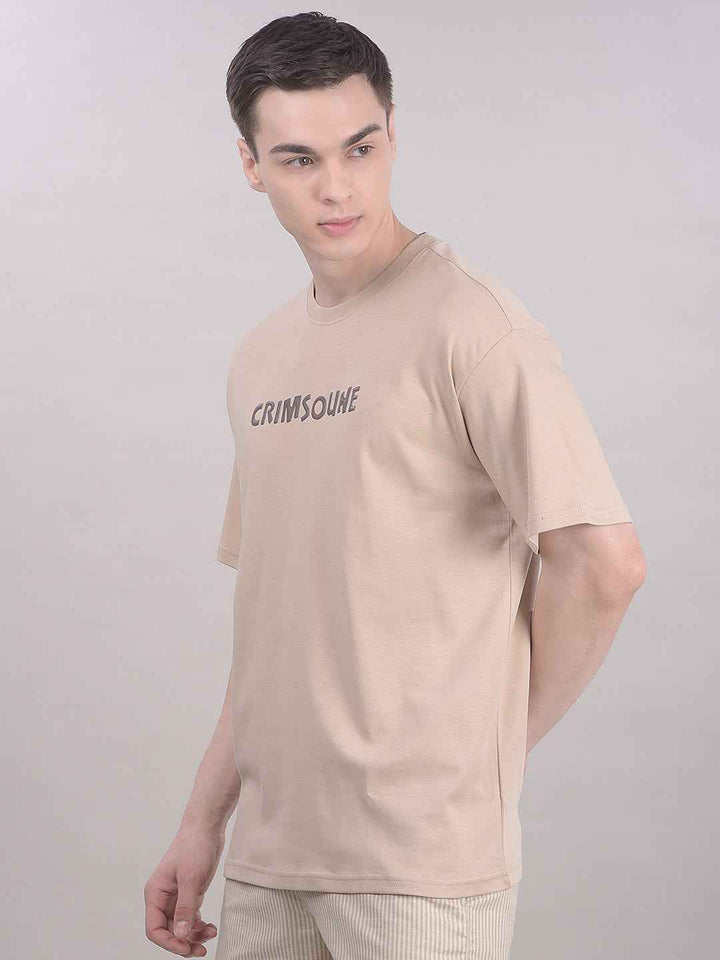 Beige Typographic 100% Cotton Oversize T-Shirt
