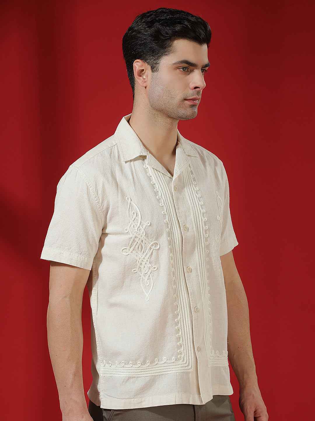 Beige Embroidered Resort-Collar Linen Shirt