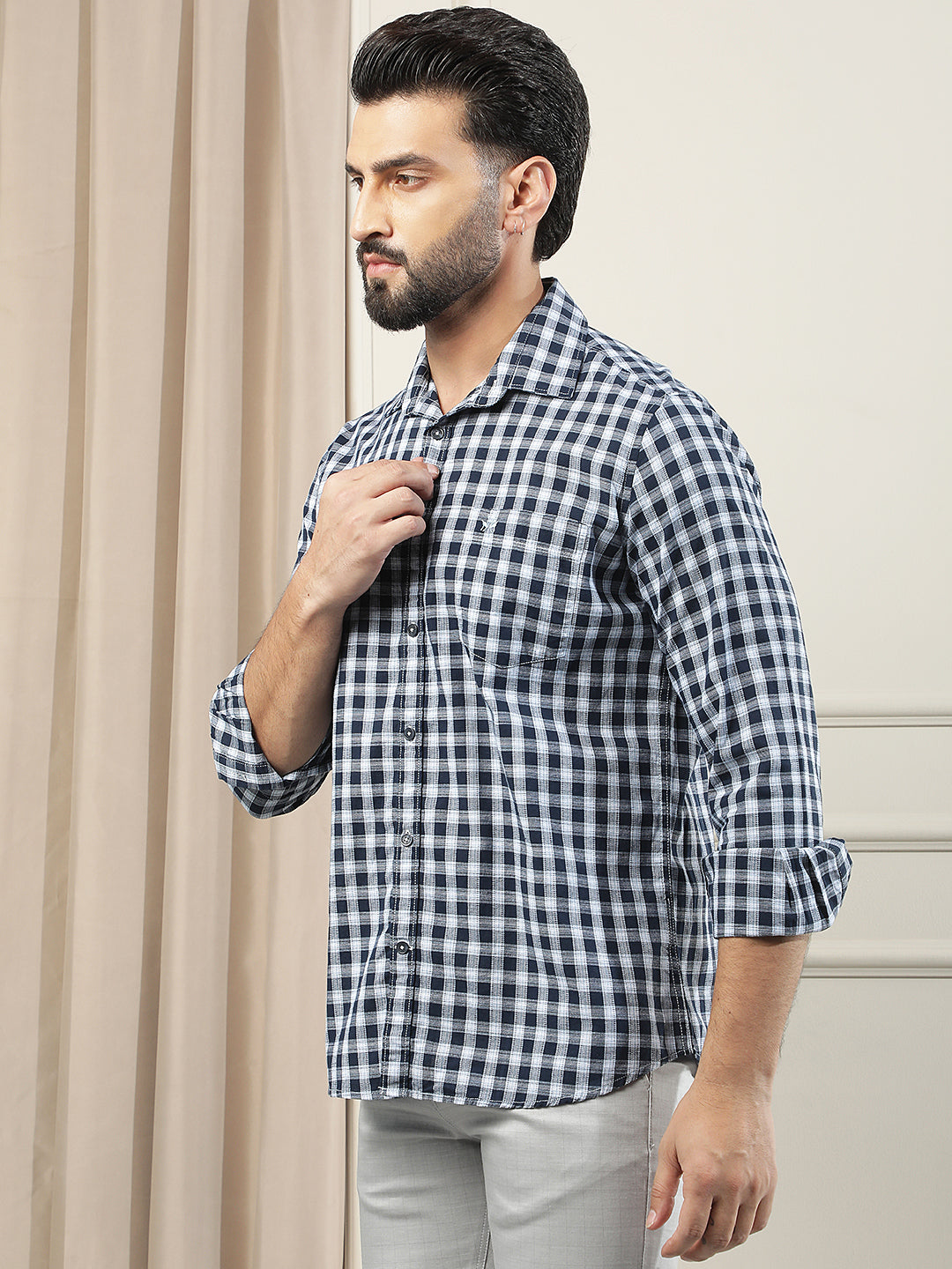 Navy Blue Checked 100% Cotton Shirt