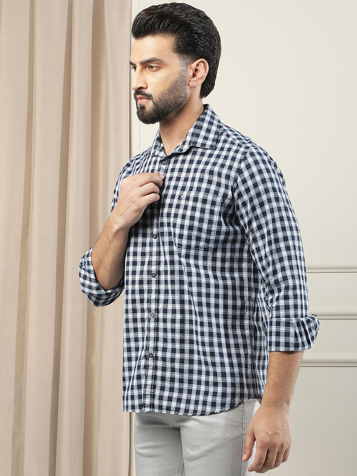 Navy Blue Checked 100% Cotton Shirt