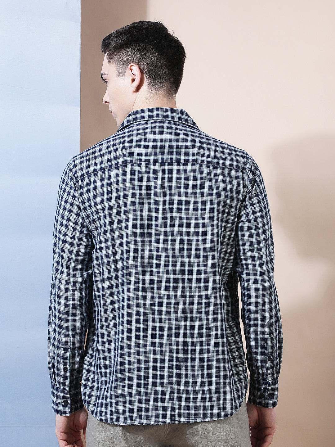 Navy Blue 100% Cotton Checked Shirt