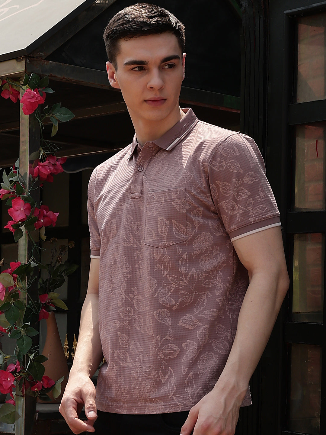 Purple Floral Print Polo Neck T-Shirt
