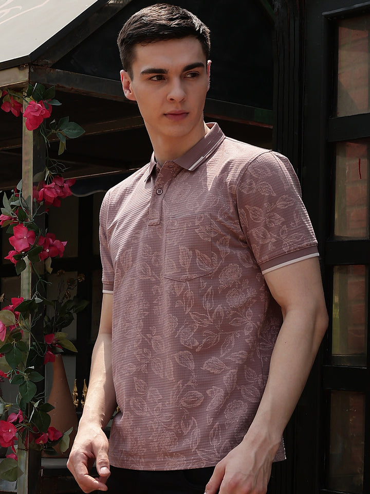 Purple Floral Print Polo Neck T-Shirt