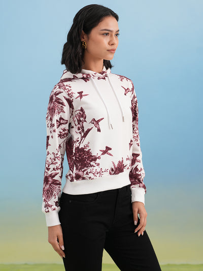 Wine Floral Print Hooded Neck Sweatshirt