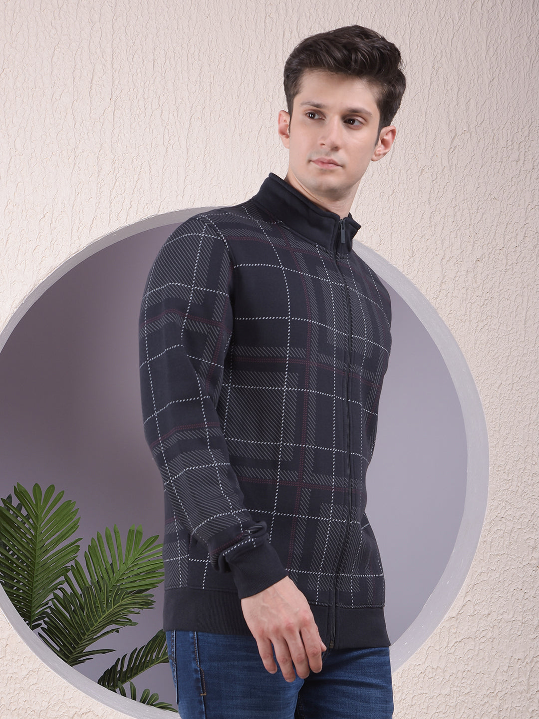 Sleek Navy Blue Checked Sweatshirt