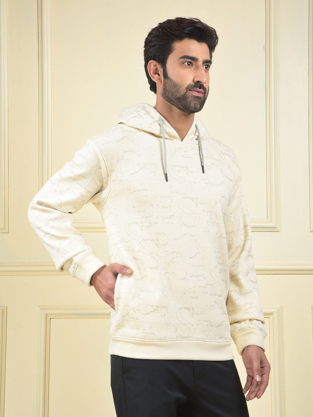 Cream Printed Hooded Neck Sweatshirt