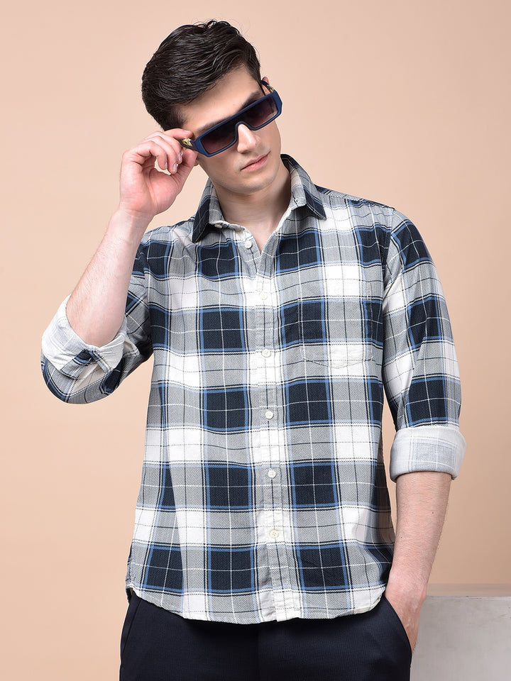 Blue Checked 100% Cotton Corduroy Shirt