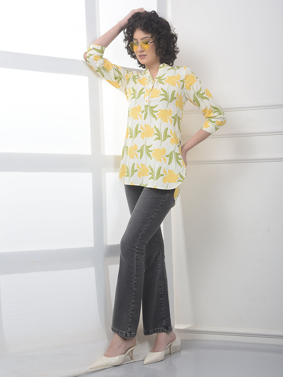 Yellow Floral Print V-Neck Linen Top