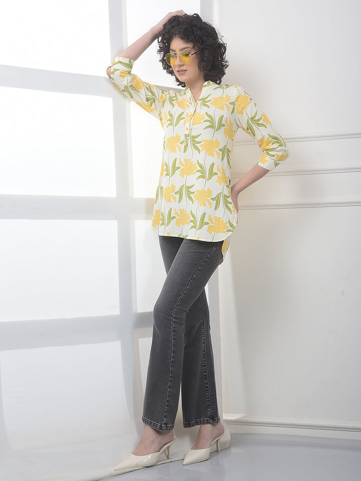 Yellow Floral Print V-Neck Linen Top