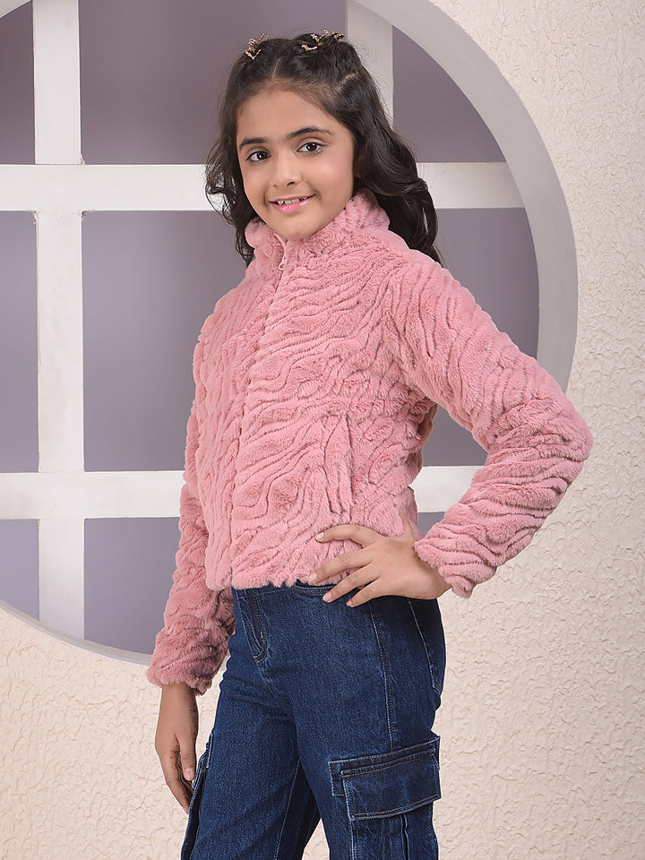 Pink Embellished High Neck Fur Jacket