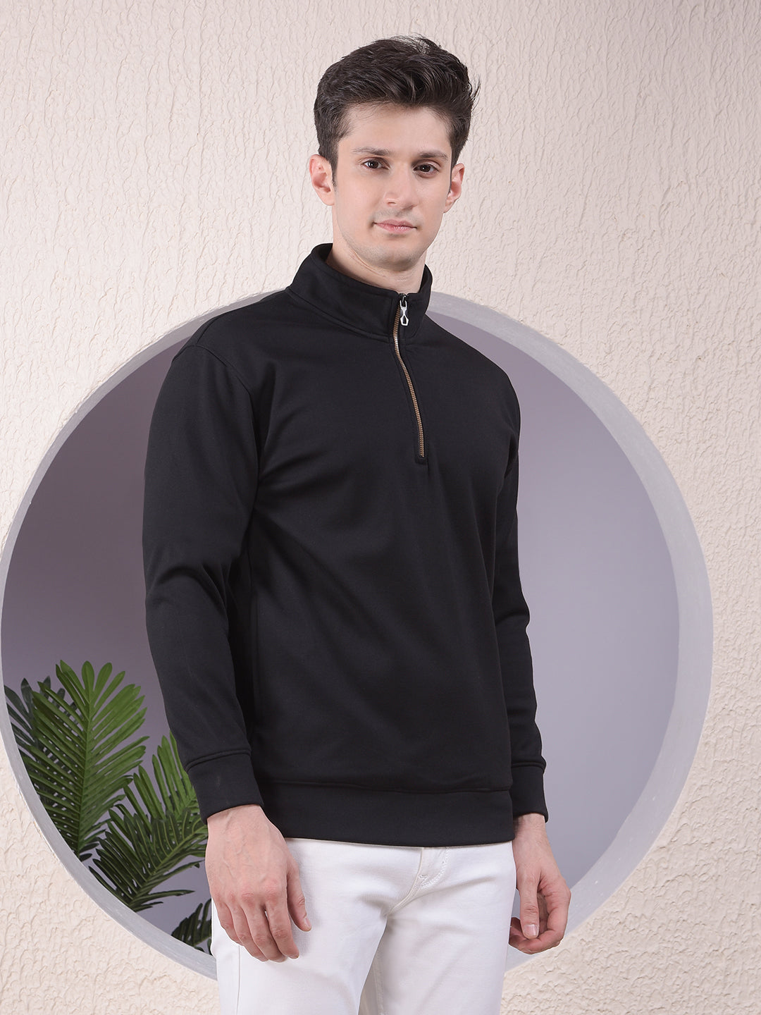 Black Half-Zip High-Neck Sweatshirt